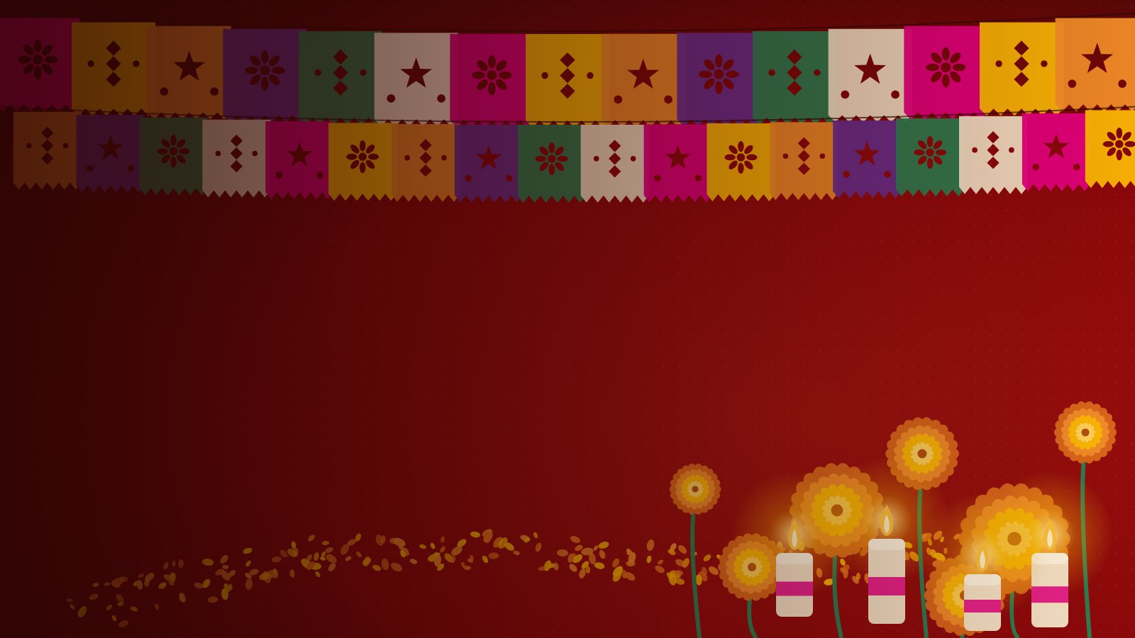 Ilustración de papel picado, flores de cempasúchil y veladoras para el Festival de las Ánimas en Zitácuaro
