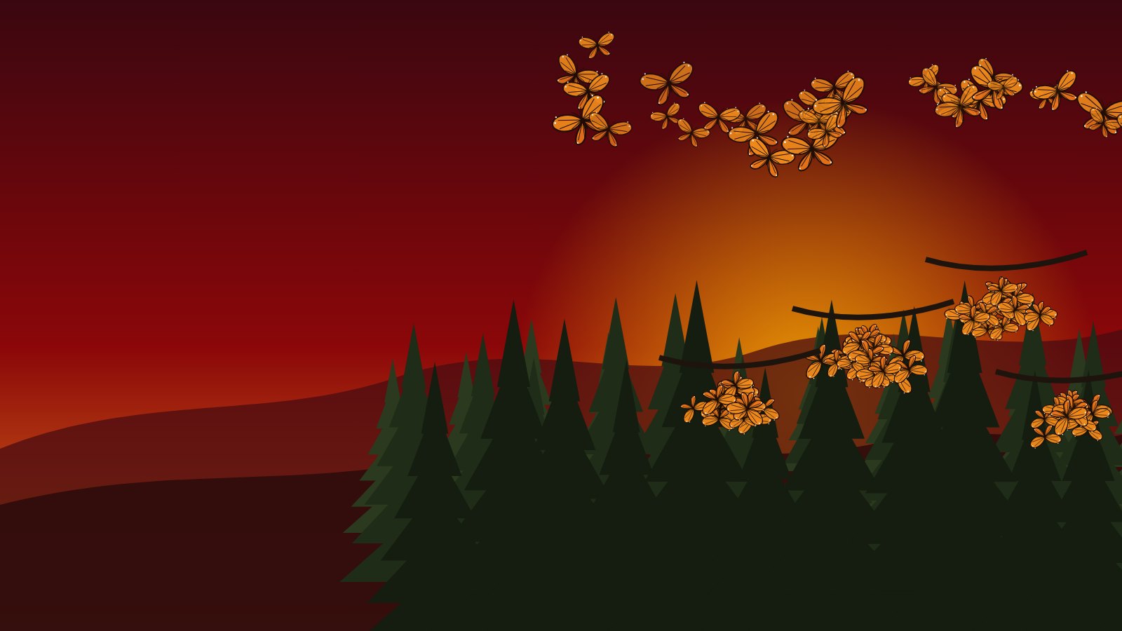 Ilustración de mariposas monarca volando y posadas en las ramas de un bosque de oyameles al atardecer