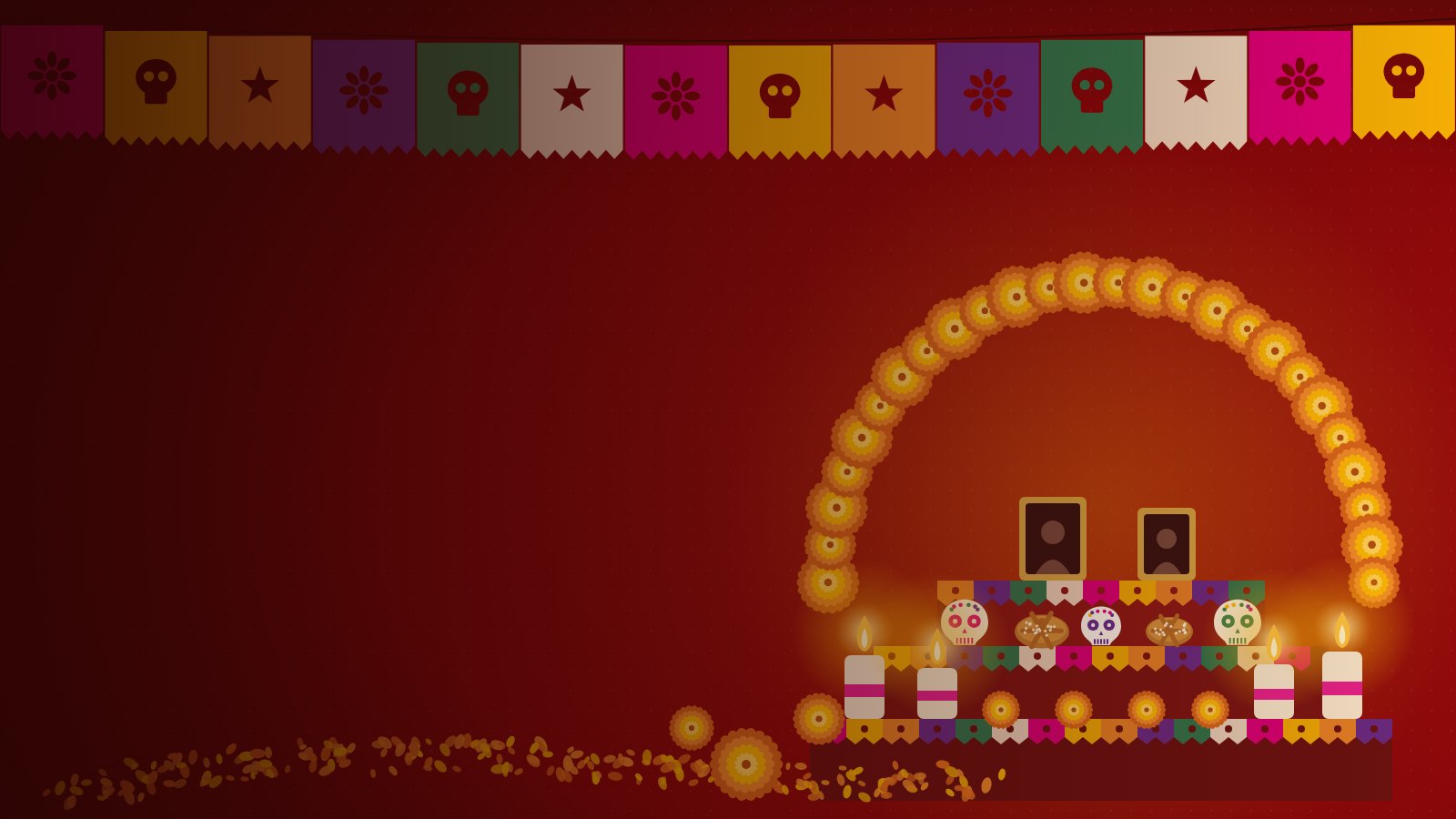 Ilustración de una ofrenda de Día de Muertos con arco de cempasúchil, calaveritas, pan de muerto y veladoras