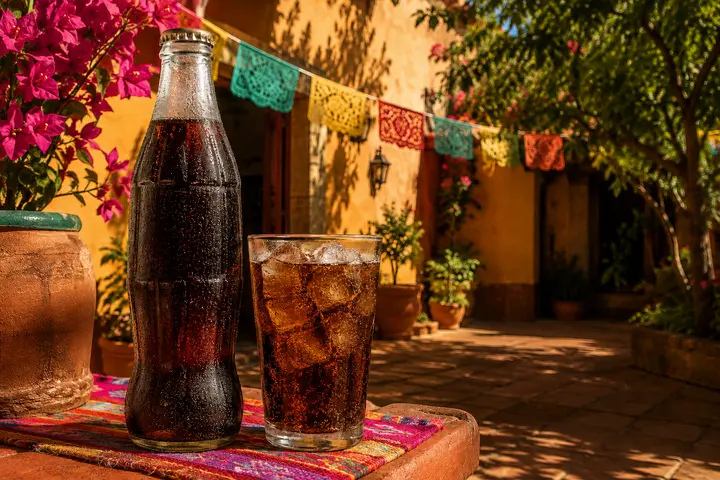 Refresco frío sin marca en un patio mexicano soleado